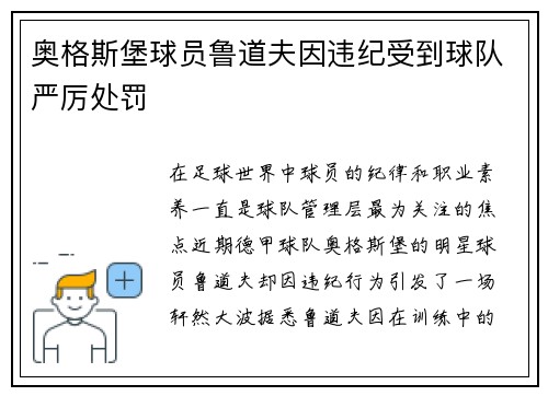 奥格斯堡球员鲁道夫因违纪受到球队严厉处罚