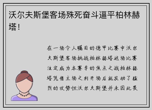沃尔夫斯堡客场殊死奋斗逼平柏林赫塔！