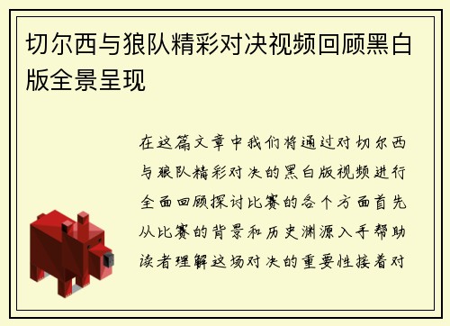 切尔西与狼队精彩对决视频回顾黑白版全景呈现