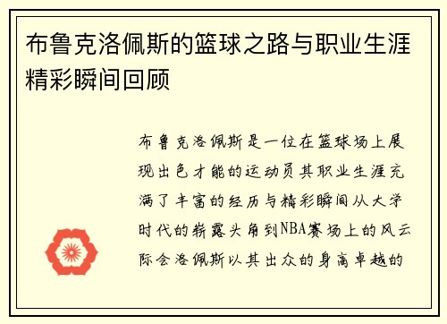 布鲁克洛佩斯的篮球之路与职业生涯精彩瞬间回顾