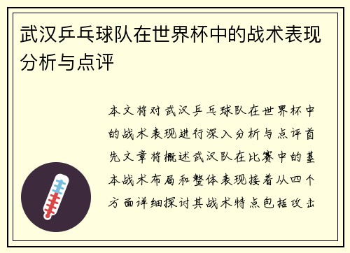 武汉乒乓球队在世界杯中的战术表现分析与点评